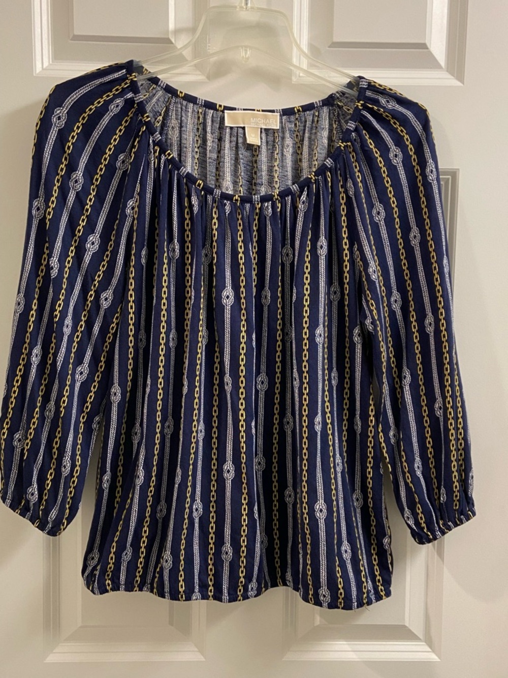 Women's Michael Kors Blouse Medium Navy Gold Chain Knotted Rope Print Wide Neck